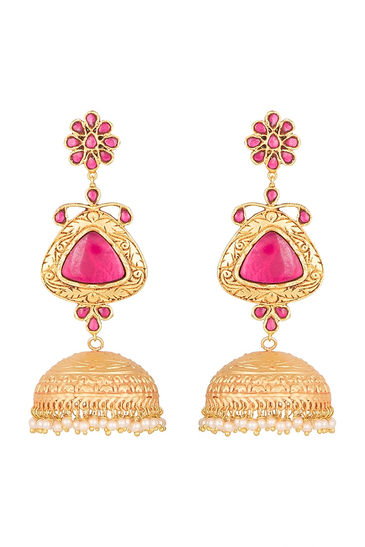 Gold Polish Ruby Stones Jhumka Earrings by Chhavi's Jewels at Pernia's Pop Up Shop