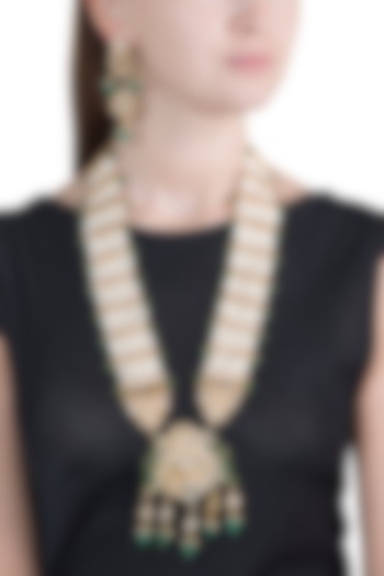 Gold Finish Pearl, Kundan & Emerald Stones Rani Haar Necklace Set by Chhavi's Jewels