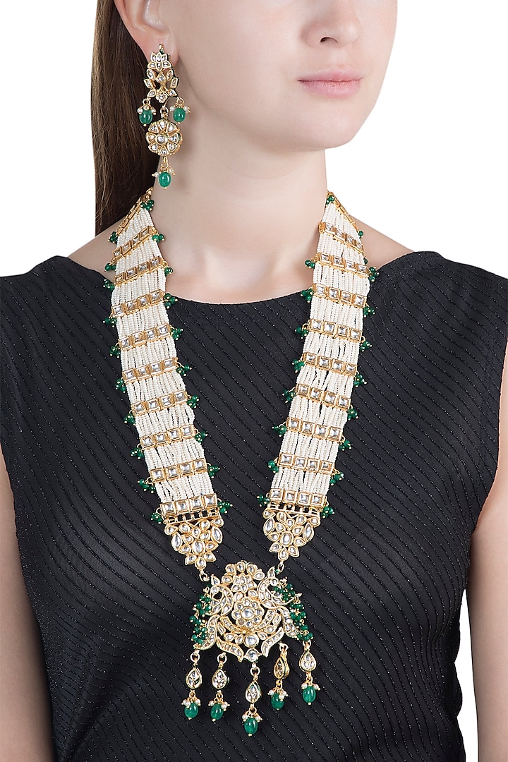 Gold Finish Pearl, Kundan & Emerald Stones Rani Haar Necklace Set by Chhavi's Jewels