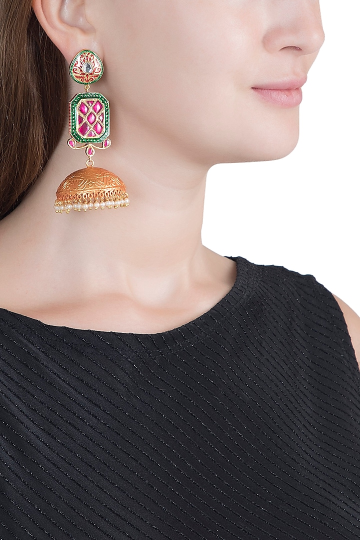 Gold Finish Ruby & Emerald Jhumka Earrings by Chhavi's Jewels
