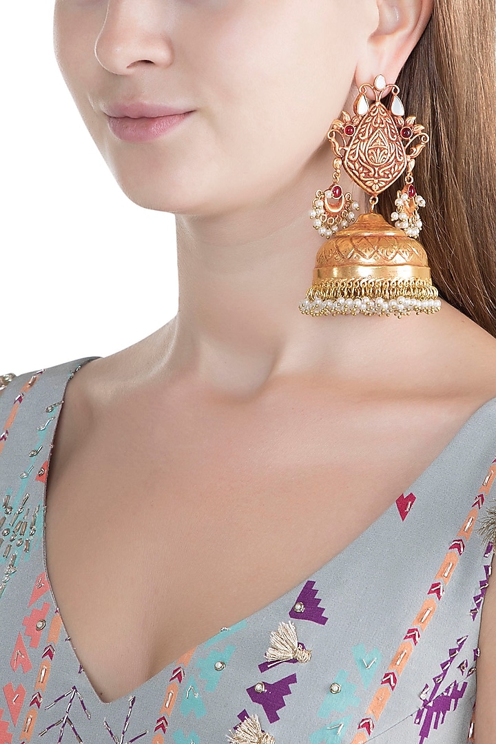 Gold Finish Grand Jhumka Earrings by Chhavi's Jewels