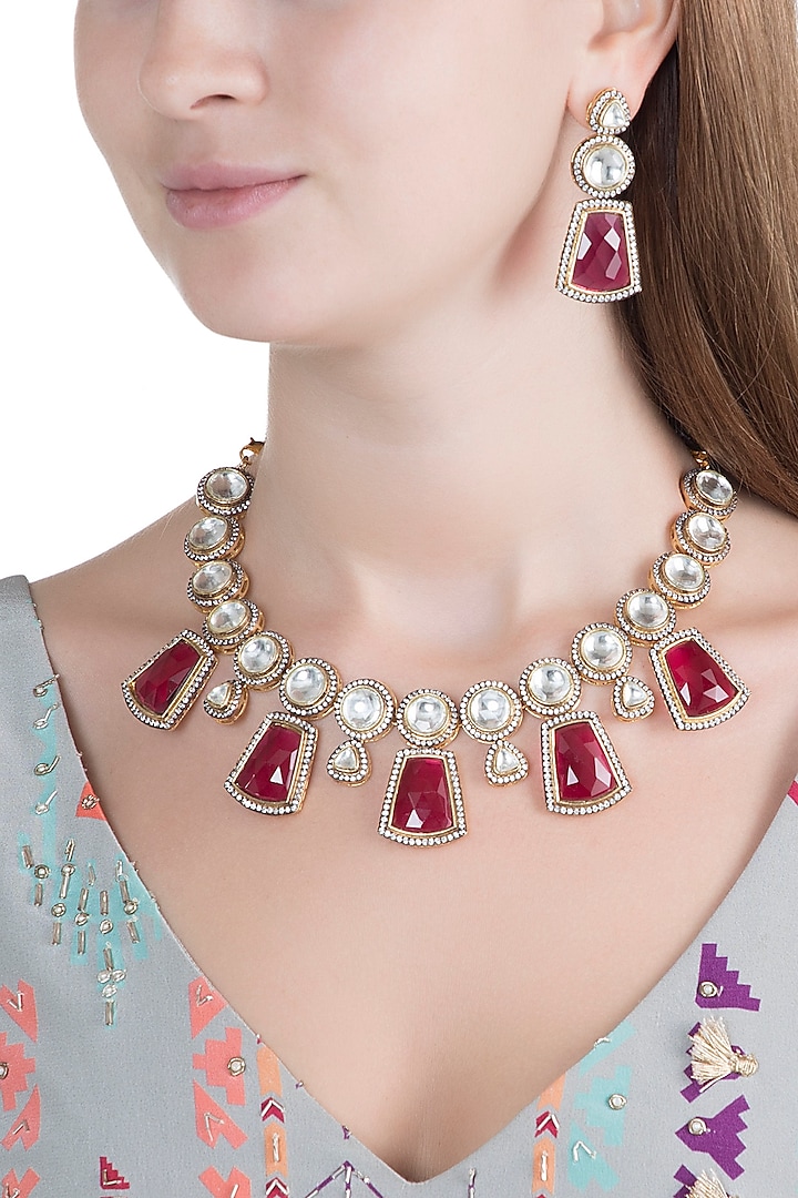 Gold Finish Kundan & Ruby Stones Choker Necklace Set by Chhavi's Jewels
