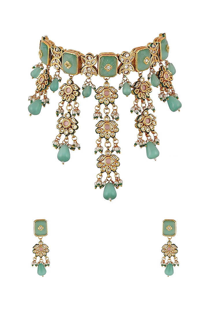 Gold Finish Kundan Polki & Turquoise Stone Choker Necklace Set by Chhavi'S Jewels at Pernia's Pop Up Shop