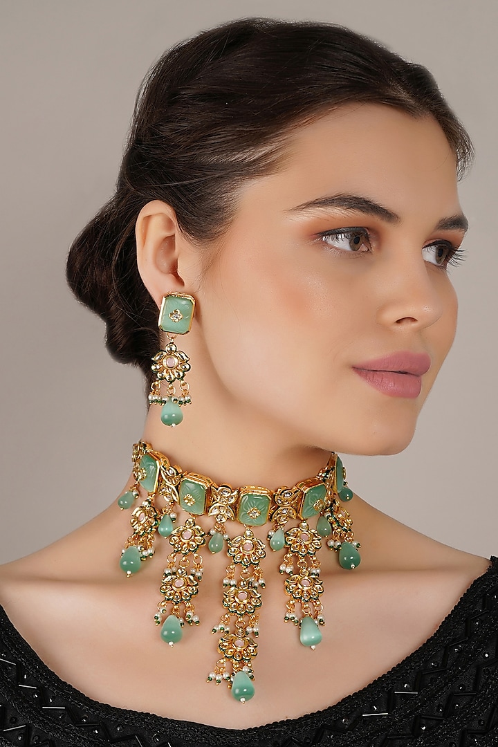 Gold Finish Kundan Polki & Turquoise Stone Choker Necklace Set by Chhavi'S Jewels at Pernia's Pop Up Shop