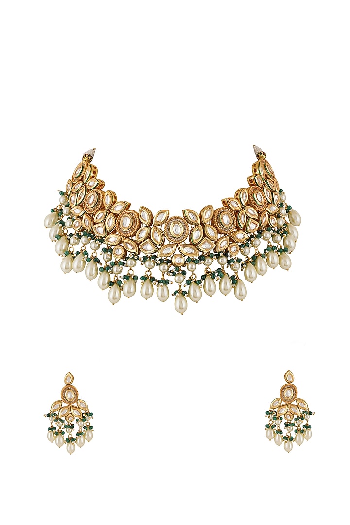 Gold Finish Kundan Polki & Pearl Necklace Set by Chhavi'S Jewels at Pernia's Pop Up Shop