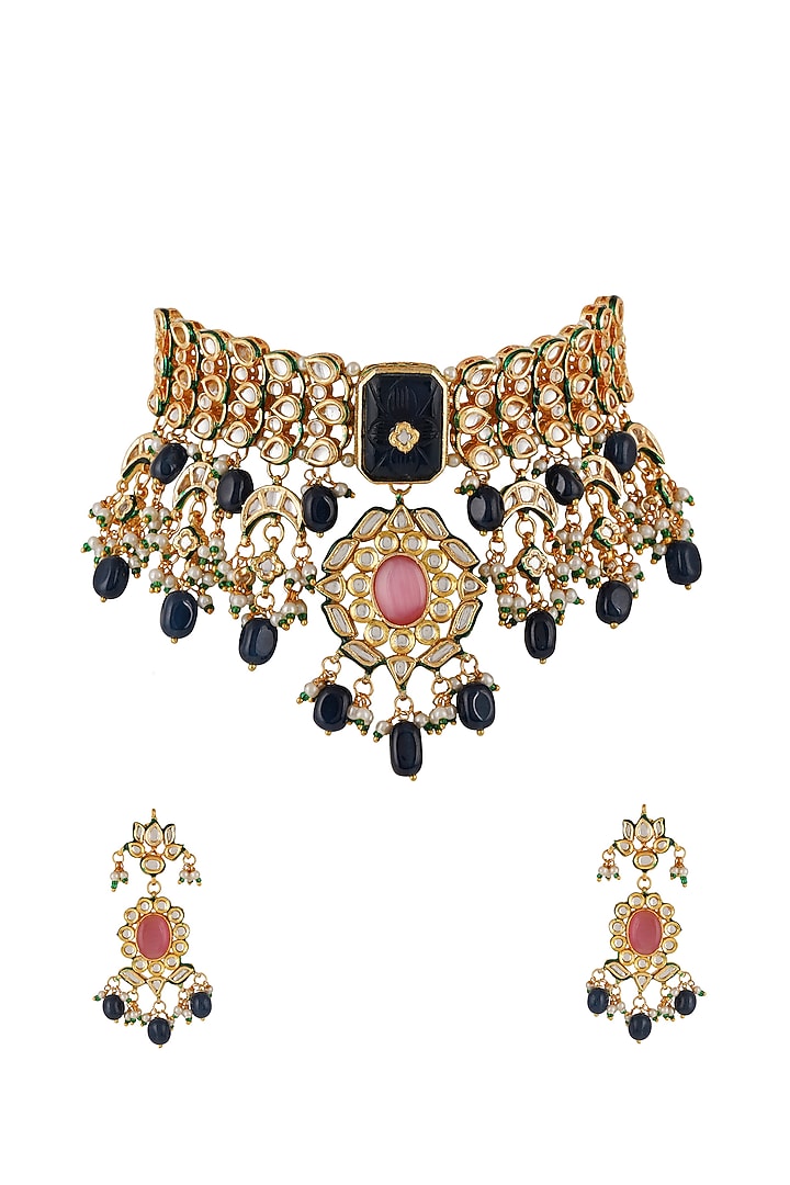 Gold Finish Kundan Polki & Blue Onyx Choker Necklace Set by Chhavi'S Jewels at Pernia's Pop Up Shop