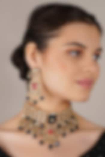 Gold Finish Kundan Polki & Blue Onyx Choker Necklace Set by Chhavi'S Jewels at Pernia's Pop Up Shop