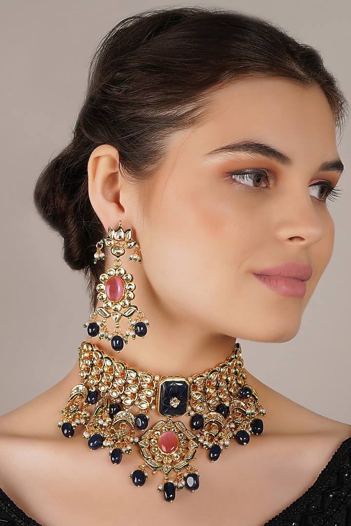 Gold Finish Kundan Polki & Blue Onyx Choker Necklace Set by Chhavi'S Jewels at Pernia's Pop Up Shop