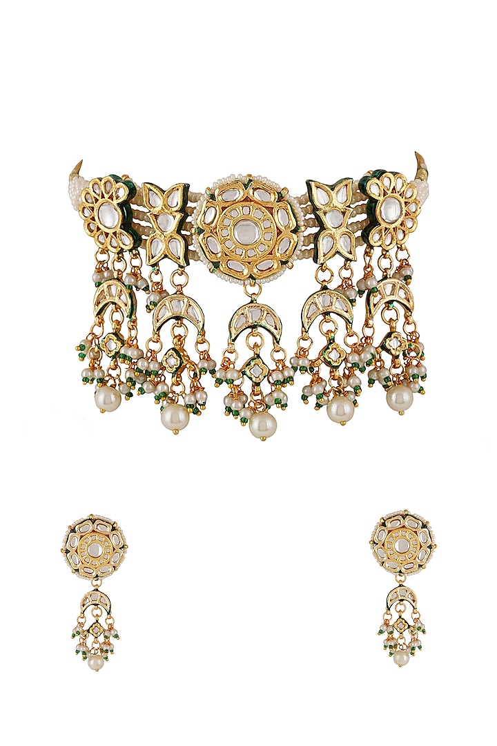 Gold Finish Kundan Polki & Pearl Choker Necklace Set by Chhavi'S Jewels at Pernia's Pop Up Shop