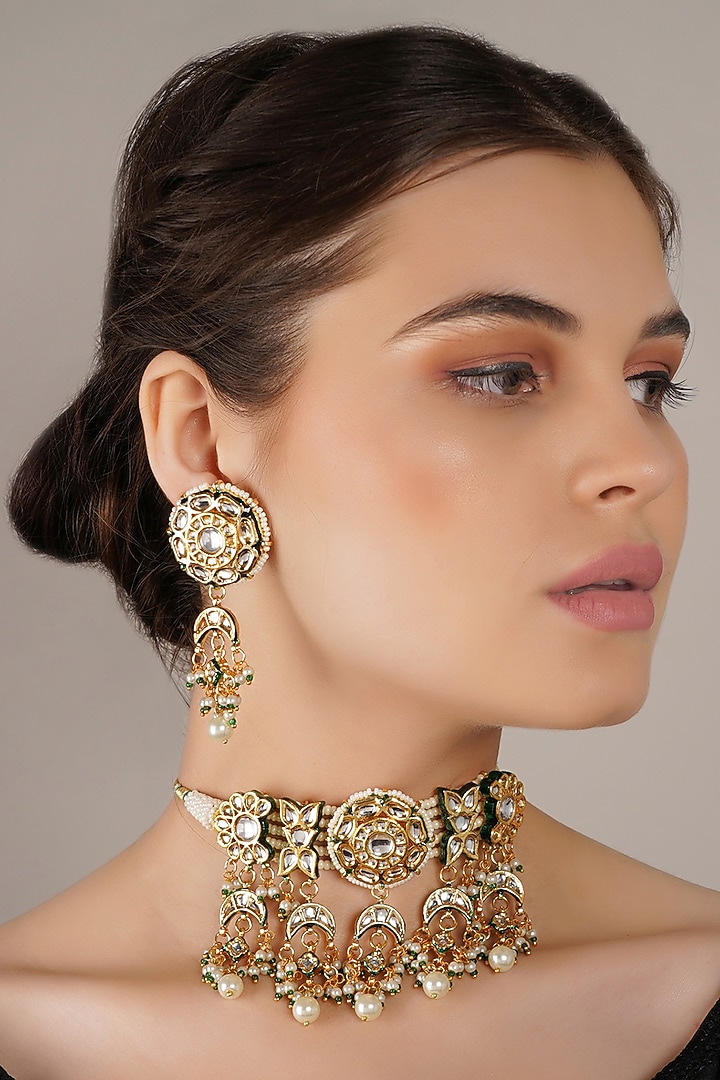 Gold Finish Kundan Polki & Pearl Choker Necklace Set by Chhavi'S Jewels at Pernia's Pop Up Shop