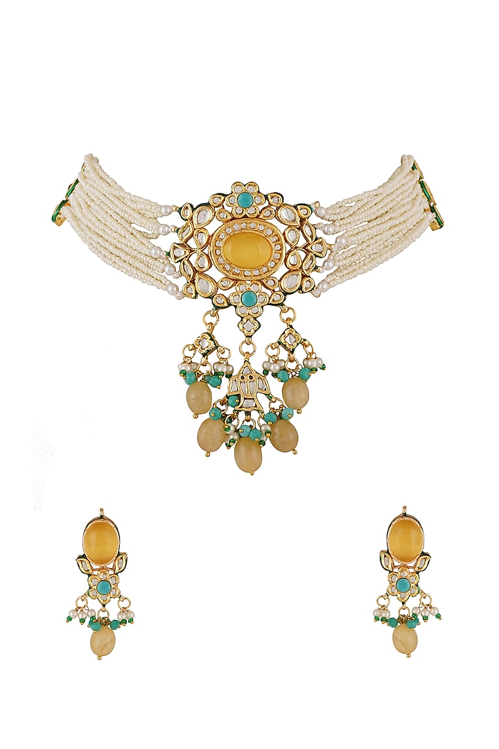 Gold Finish Kundan Polki & Yellow Onyx Choker Necklace Set by Chhavi'S Jewels at Pernia's Pop Up Shop