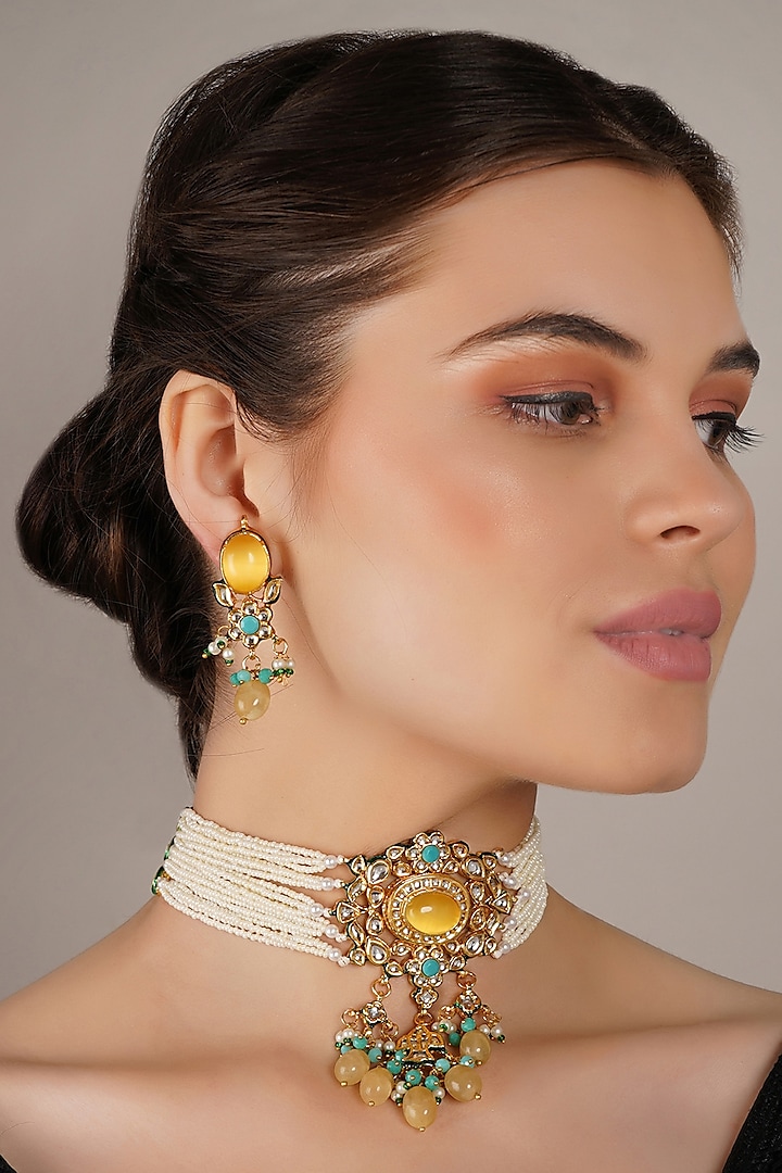 Gold Finish Kundan Polki & Yellow Onyx Choker Necklace Set by Chhavi'S Jewels at Pernia's Pop Up Shop