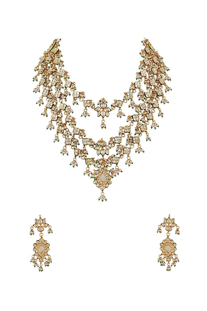 Gold Finish Kundan Polki & Pearl Long Necklace Set by Chhavi'S Jewels at Pernia's Pop Up Shop