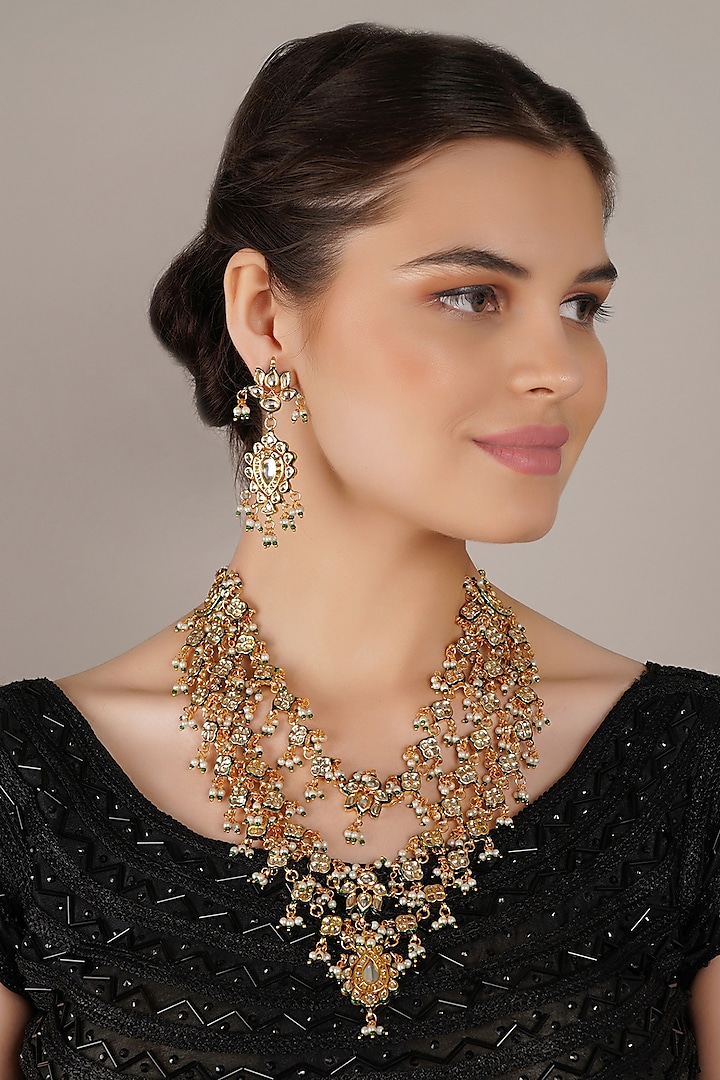 Gold Finish Kundan Polki & Pearl Long Necklace Set by Chhavi'S Jewels
