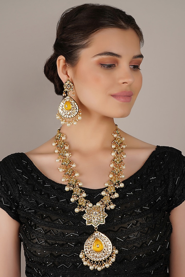 Gold Finish Kundan Polki & Yellow Onyx Long Necklace Set by Chhavi'S Jewels