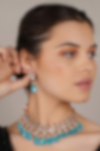 Gold Finish Blue Kundan Polki Necklace Set by Chhavi'S Jewels at Pernia's Pop Up Shop