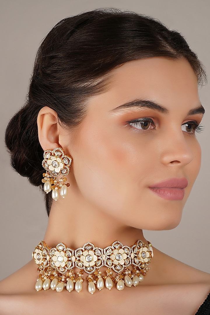 Gold Finish Yellow Kundan Polki Choker Necklace Set by Chhavi'S Jewels