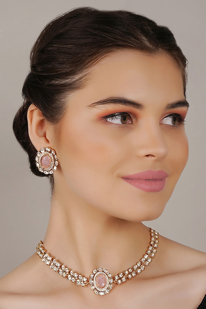 Gold Finish Pink Kundan Polki Necklace Set by Chhavi'S Jewels at Pernia's Pop Up Shop