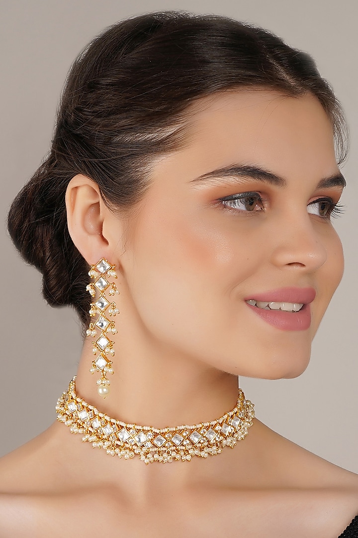 Gold Finish White Kundan Polki Choker Necklace Set by Chhavi'S Jewels