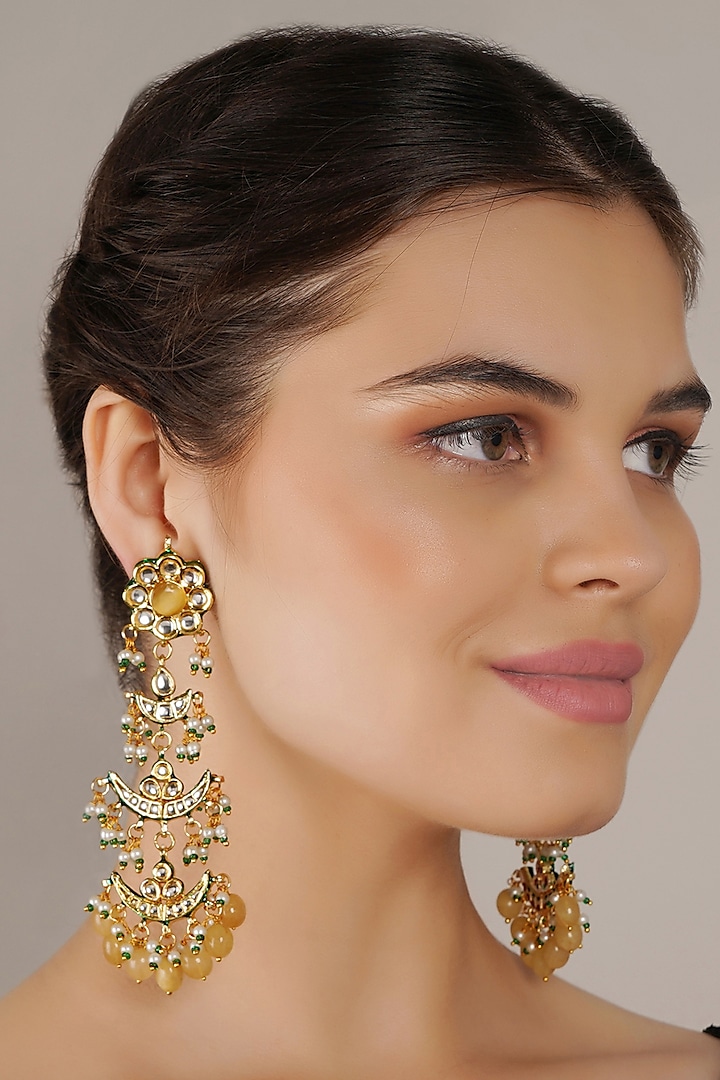 Gold Finish Yellow Kundan Polki Dangler Earrings by Chhavi'S Jewels