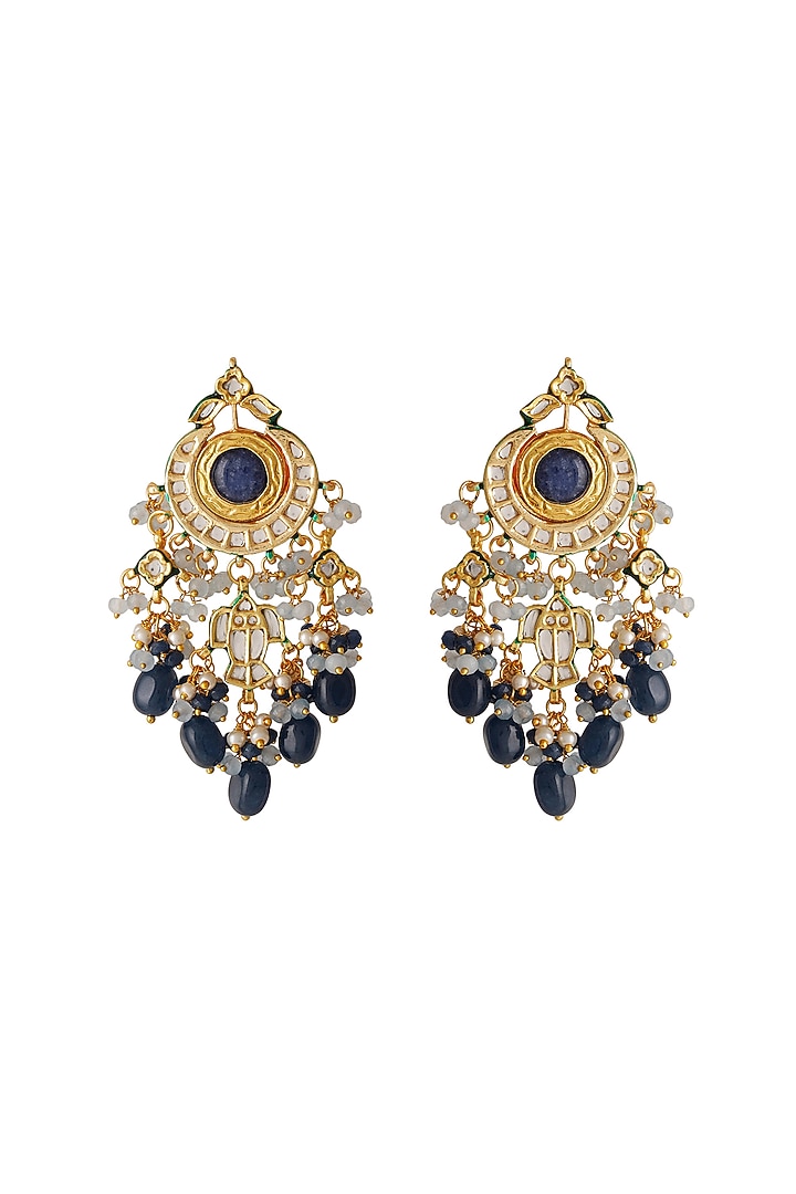 Gold Finish Blue Kundan Polki Dangler Earrings by Chhavi'S Jewels at Pernia's Pop Up Shop