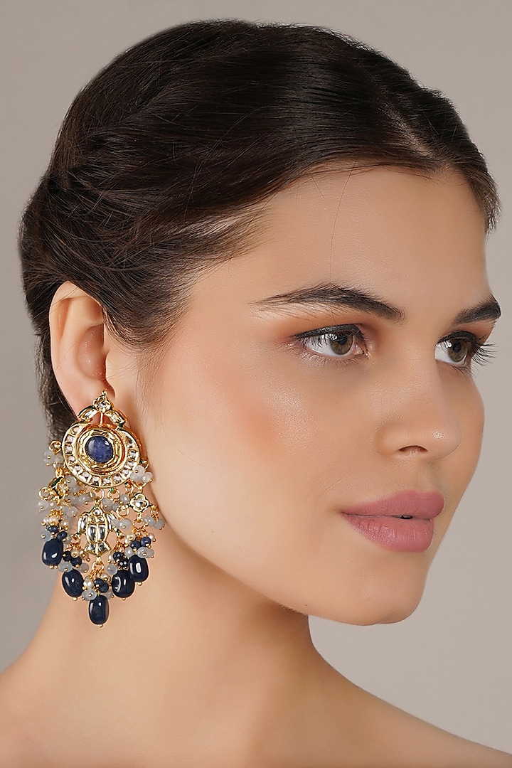 Gold Finish Blue Kundan Polki Dangler Earrings by Chhavi'S Jewels