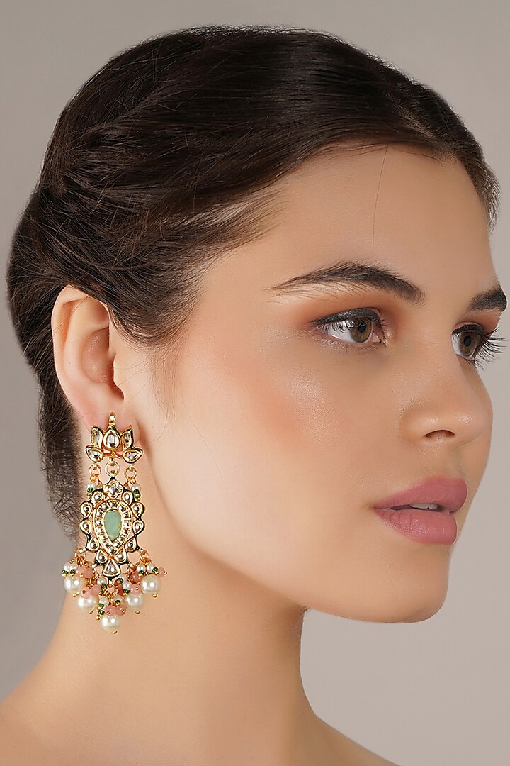 Gold Finish Multi-Colored Kundan Polki Dangler Earrings by Chhavi'S Jewels