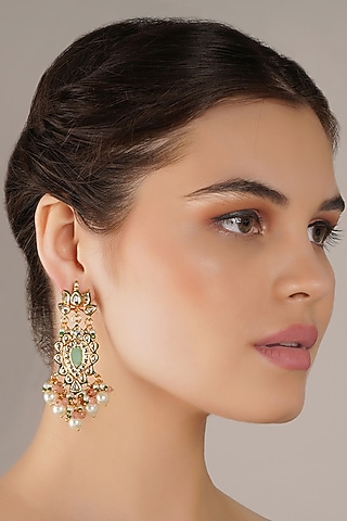Gold Finish Multi-Colored Kundan Polki Dangler Earrings by Chhavi'S Jewels