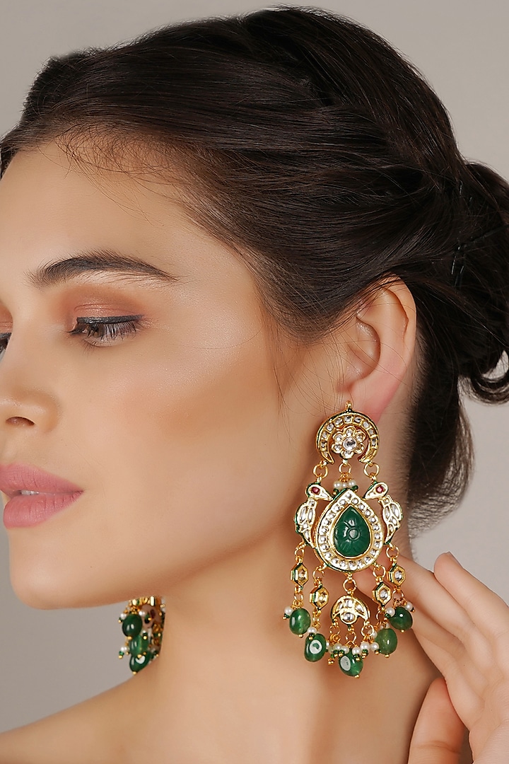 Gold Finish Green Kundan Polki Dangler Earrings by Chhavi'S Jewels