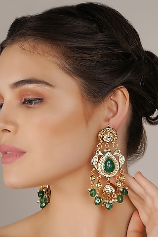 Gold Finish Green Kundan Polki Dangler Earrings by Chhavi'S Jewels