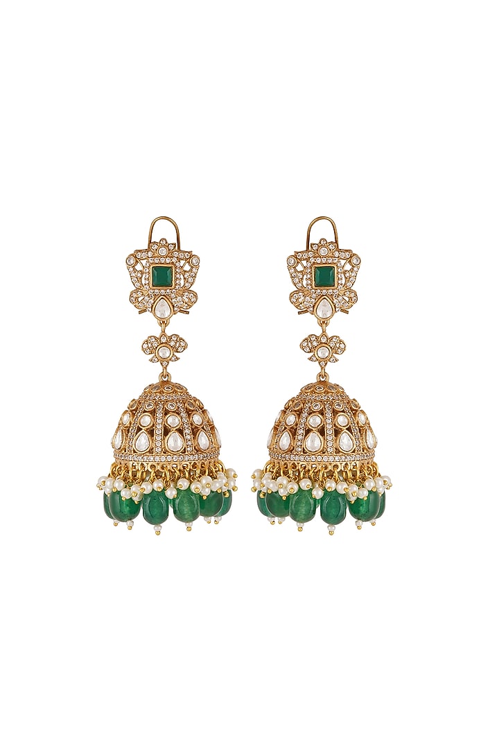 Gold Finish Green Kundan Polki Jhumka Earrings by Chhavi'S Jewels at Pernia's Pop Up Shop