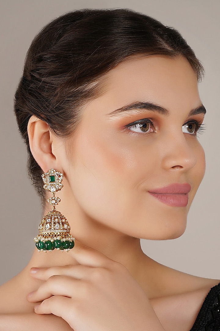 Gold Finish Green Kundan Polki Jhumka Earrings by Chhavi'S Jewels