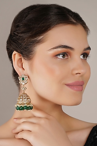 Gold Finish Green Kundan Polki Jhumka Earrings by Chhavi'S Jewels