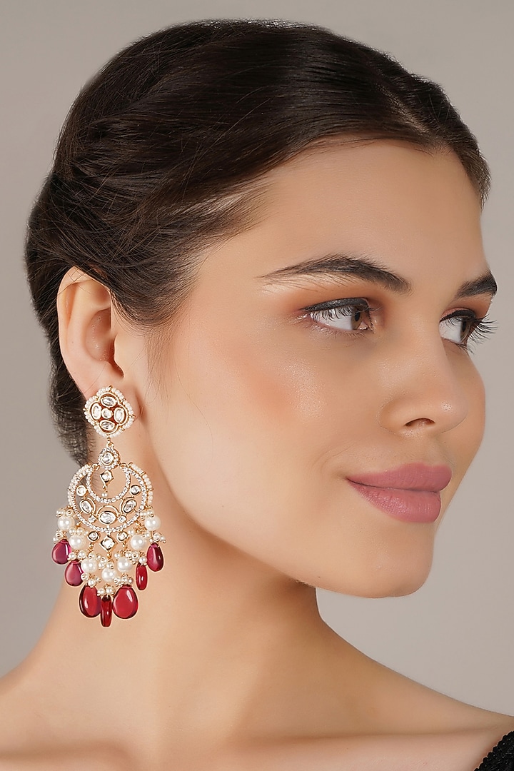 Gold Finish Red Kundan Polki Dangler Earrings by Chhavi'S Jewels at Pernia's Pop Up Shop