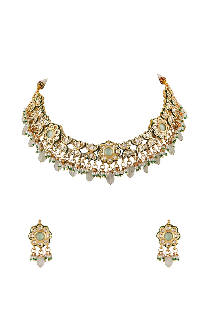 Gold Finish Green Kundan Polki Necklace Set by Chhavi'S Jewels at Pernia's Pop Up Shop