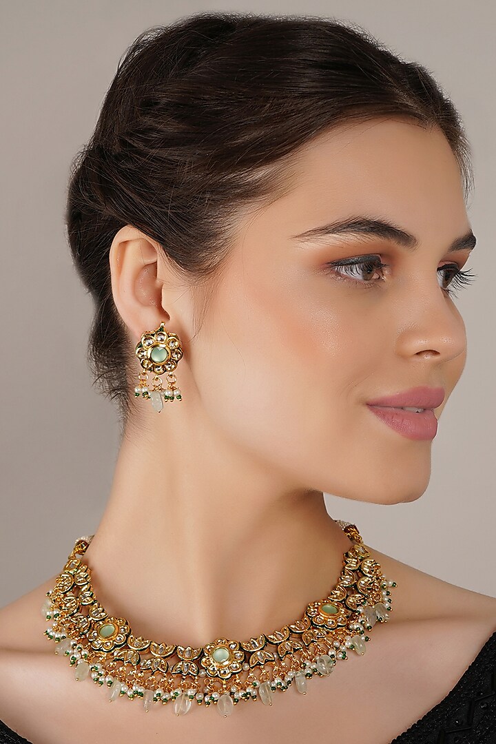 Gold Finish Green Kundan Polki Necklace Set by Chhavi'S Jewels