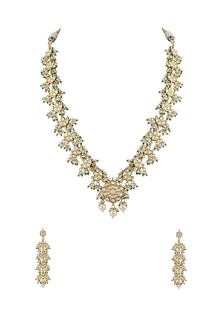 Gold Finish White Kundan Polki Long Necklace Set by Chhavi'S Jewels at Pernia's Pop Up Shop