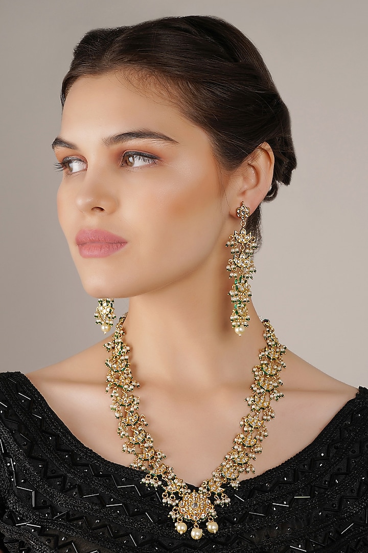 Gold Finish White Kundan Polki Long Necklace Set by Chhavi'S Jewels