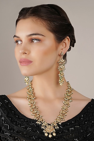 Gold Finish White Kundan Polki Long Necklace Set by Chhavi'S Jewels