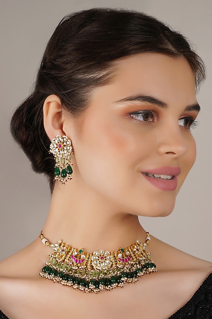Gold Finish Multi-Colored Kundan Polki Choker Necklace Set by Chhavi'S Jewels at Pernia's Pop Up Shop
