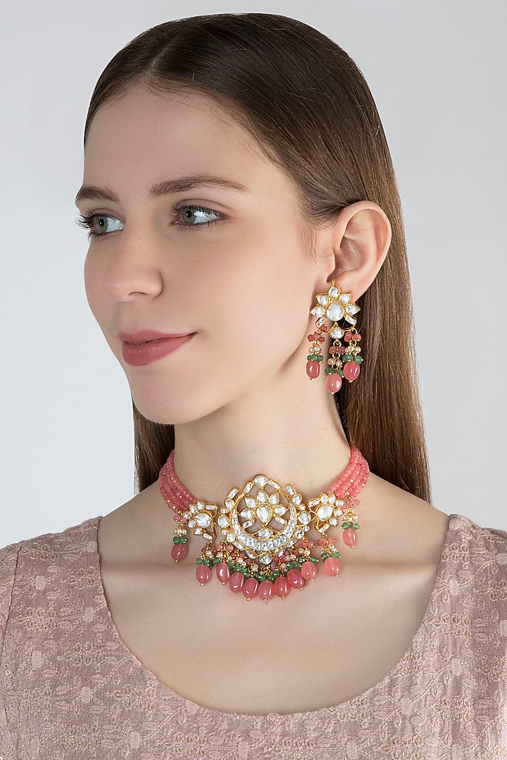 Gold Finish Pink Stone Choker Necklace Set by Chhavi's Jewels