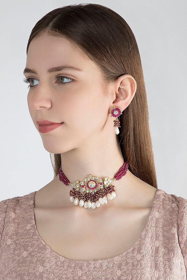 Gold Finish Marron Stone Choker Necklace Set by Chhavi's Jewels