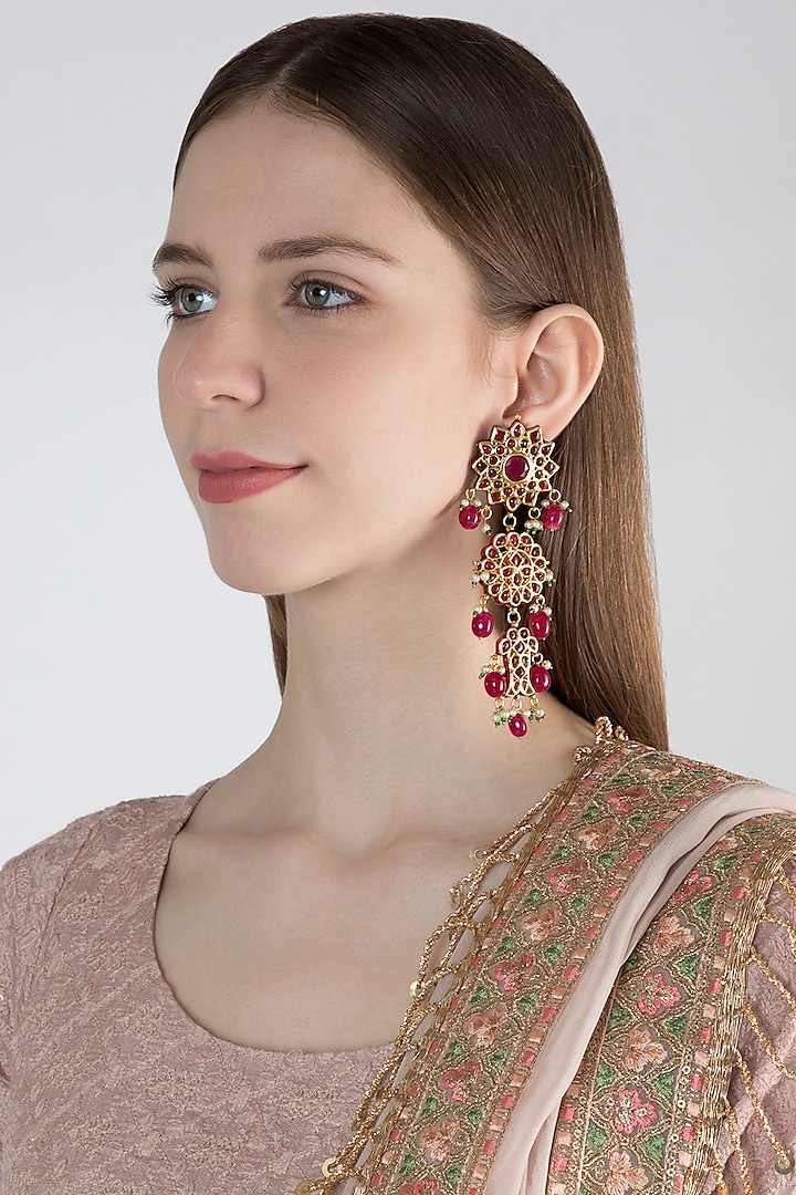 Gold Finish Maroon Stone Earrings by Chhavi's Jewels