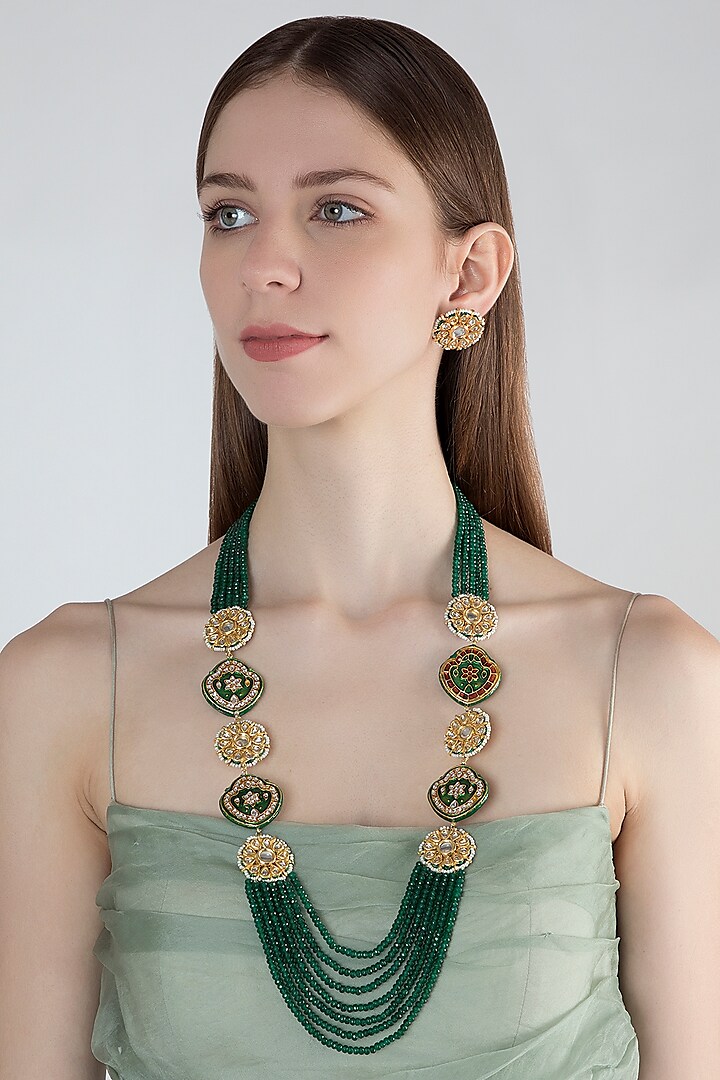 Gold Finish Green Stone Long Necklace Set by Chhavi's Jewels