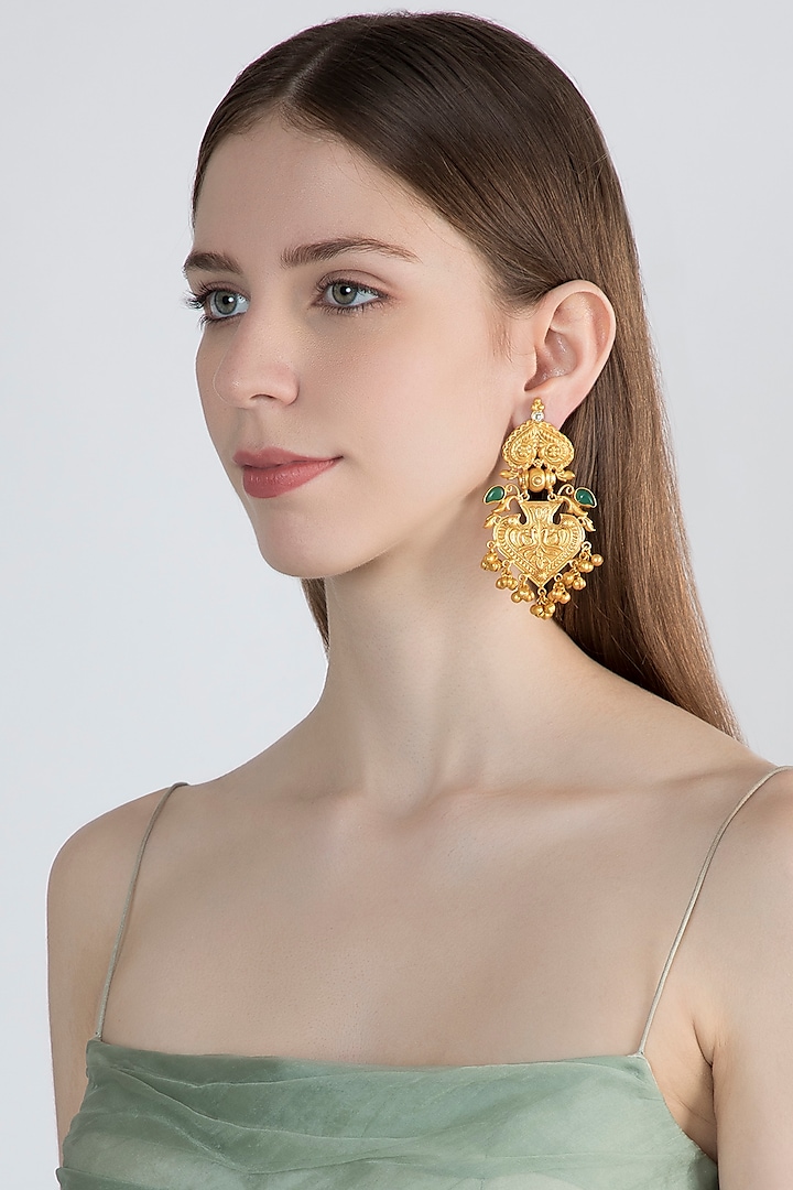 Gold Finish Green Stone Earrings by Chhavi's Jewels