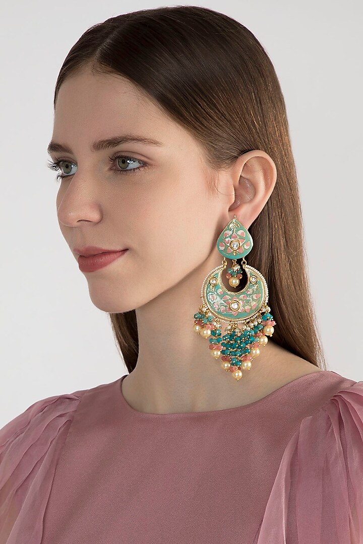 Gold Finish Blue Stone Long Earrings by Chhavi's Jewels