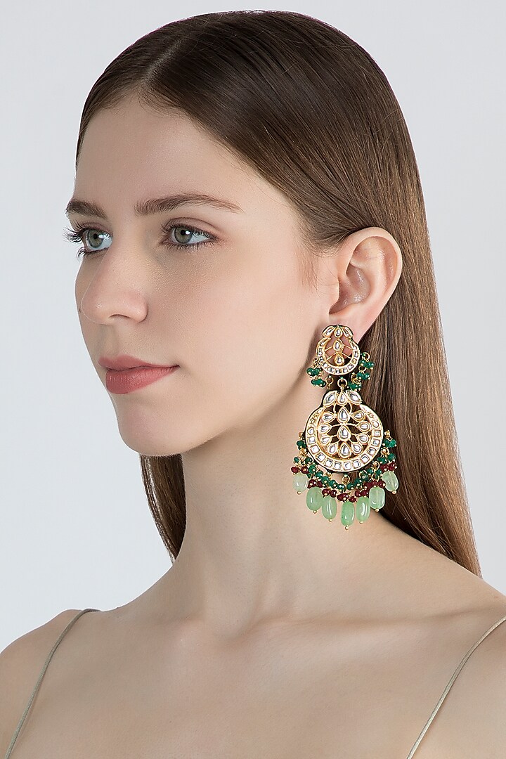 Gold Finish Green Stone Long Earrings by Chhavi's Jewels