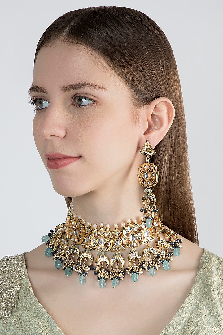 Gold Finish Blue Stone Choker Necklace Set by Chhavi's Jewels