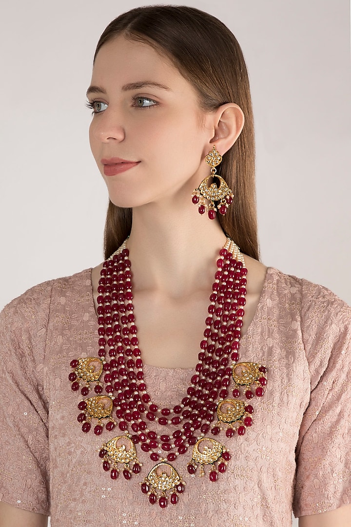 Gold Finish Maroon Stone Long Necklace Set by Chhavi's Jewels