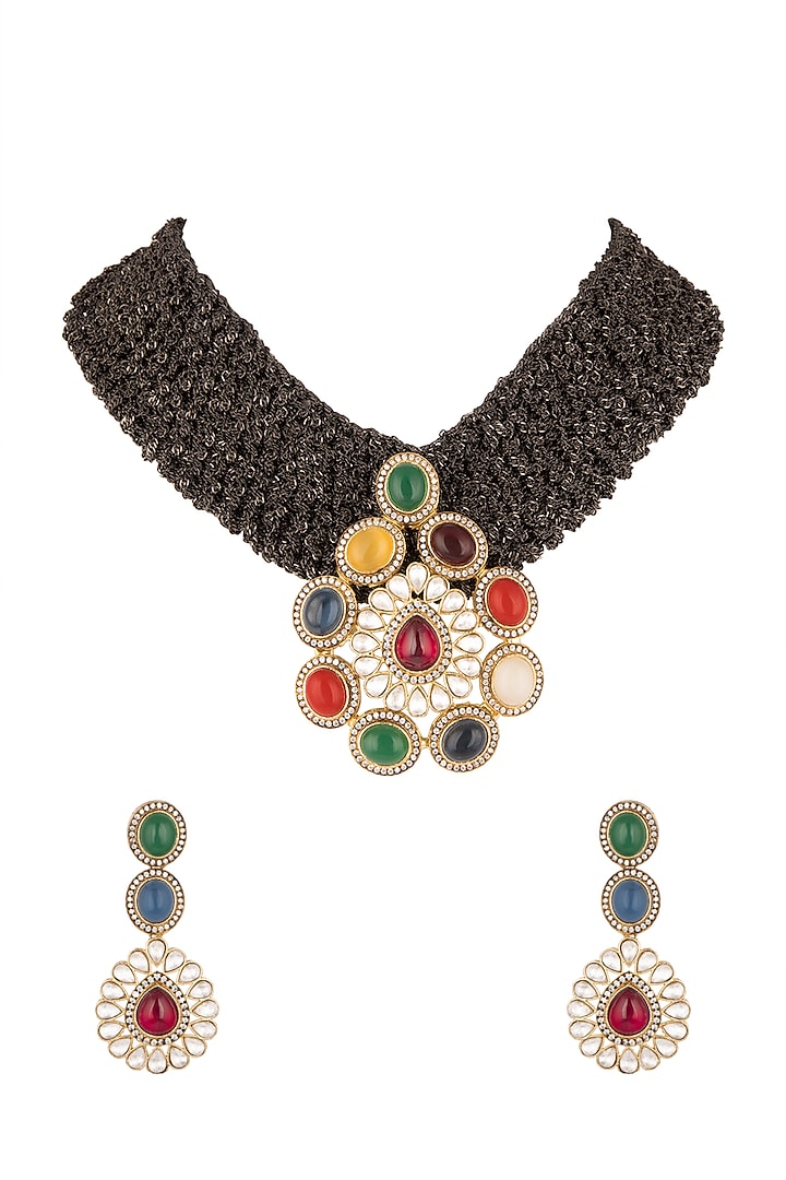 Gold Finish Stone Black Necklace Set by Chhavi's Jewels